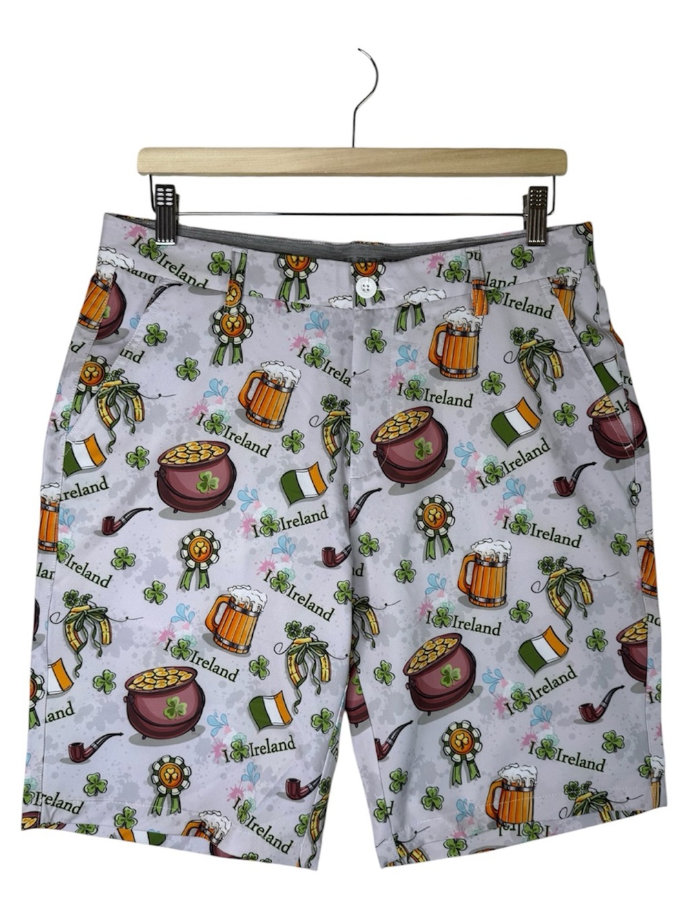 HRESKI St. Patrick's Day Pots of Gold Steins Clover Ireland Golf Shorts Men's 32